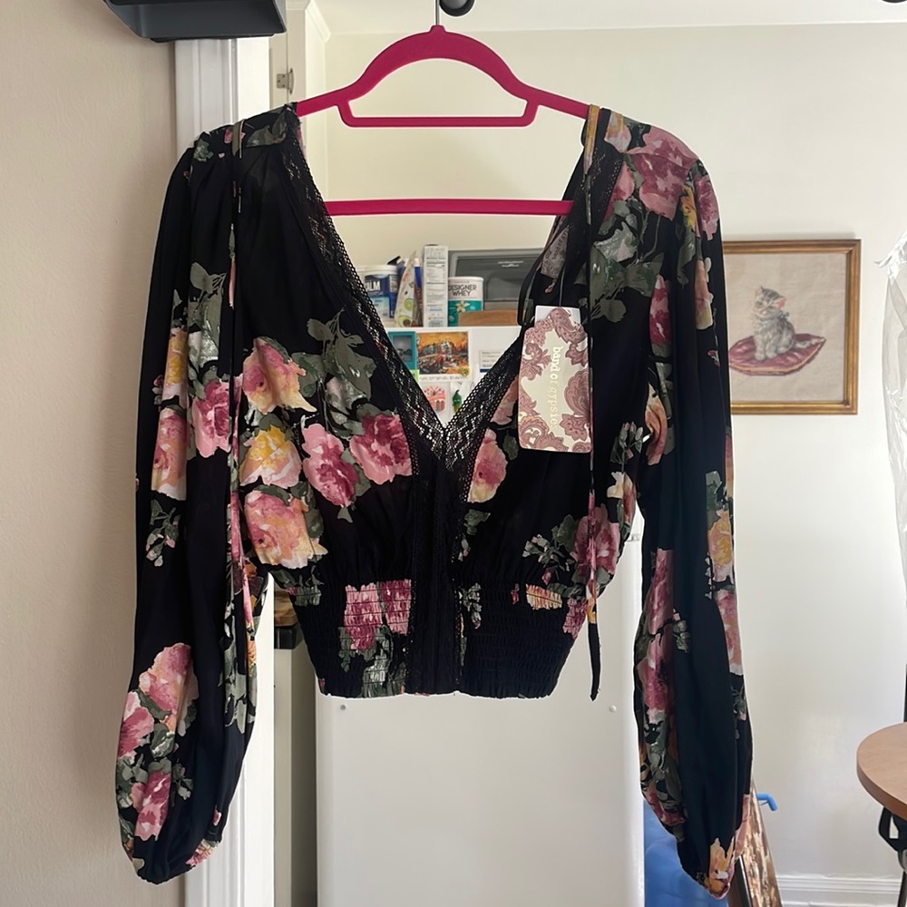 Band of Gypsies Black Rose Long Sleeve Croptop